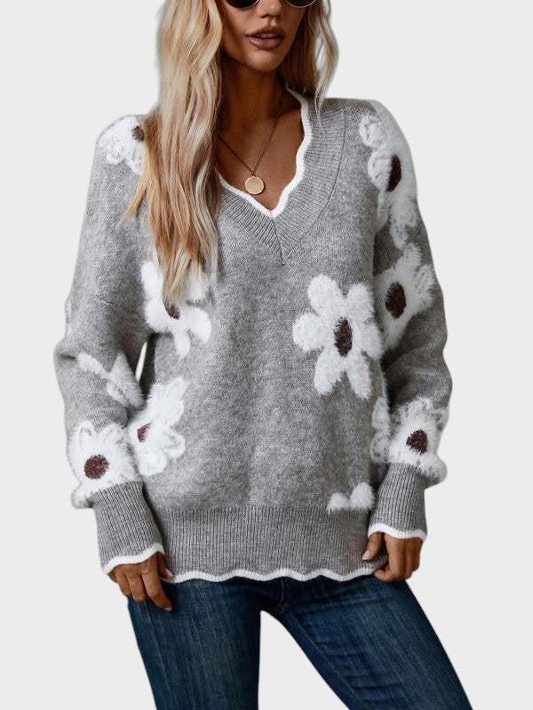 Renata ™ ｜ Elegantni džemper s V-izrezom i cvjetnim uzorkom