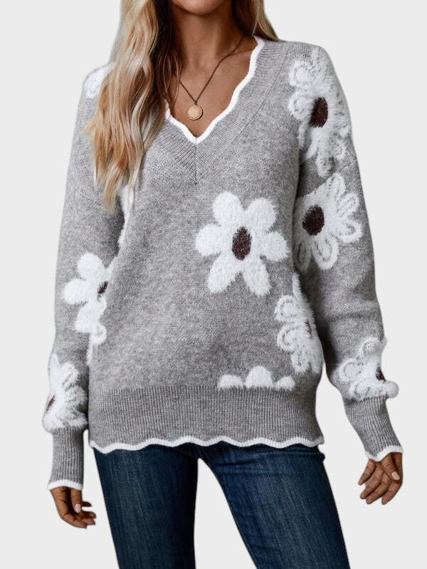 Renata ™ ｜ Elegantni džemper s V-izrezom i cvjetnim uzorkom