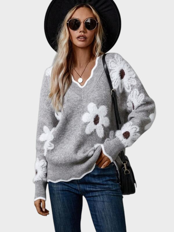 Renata ™ ｜ Elegantni džemper s V-izrezom i cvjetnim uzorkom
