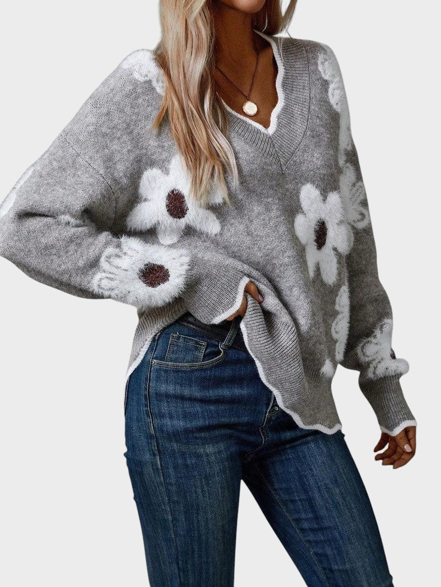 Renata ™ ｜ Elegantni džemper s V-izrezom i cvjetnim uzorkom