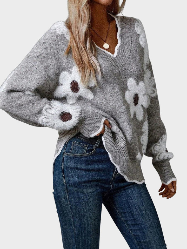 Renata ™ ｜ Elegantni džemper s V-izrezom i cvjetnim uzorkom